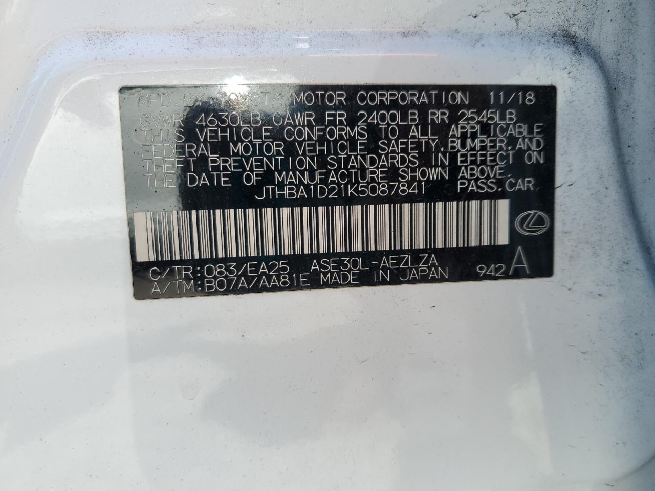 2019 Lexus Is 300 VIN: JTHBA1D21K5087841 Lot: 63292645