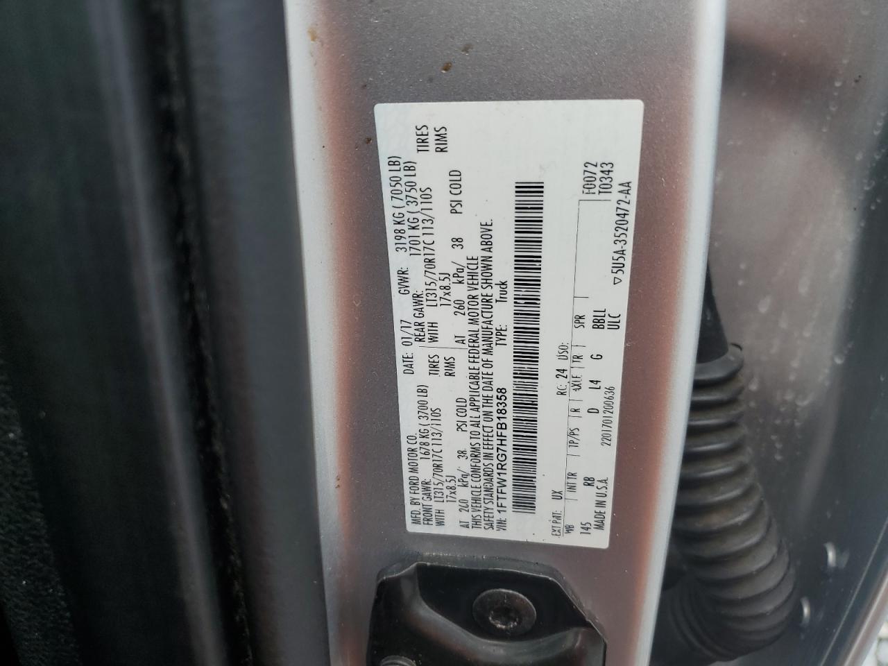 2017 Ford F150 Raptor VIN: 1FTFW1RG7HFB18358 Lot: 64551265