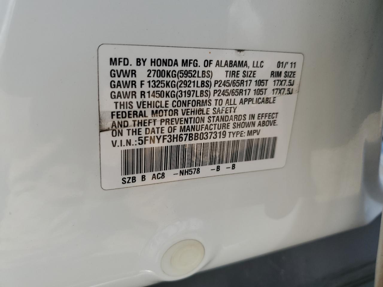 2011 Honda Pilot Exl VIN: 5FNYF3H67BB037319 Lot: 63064405