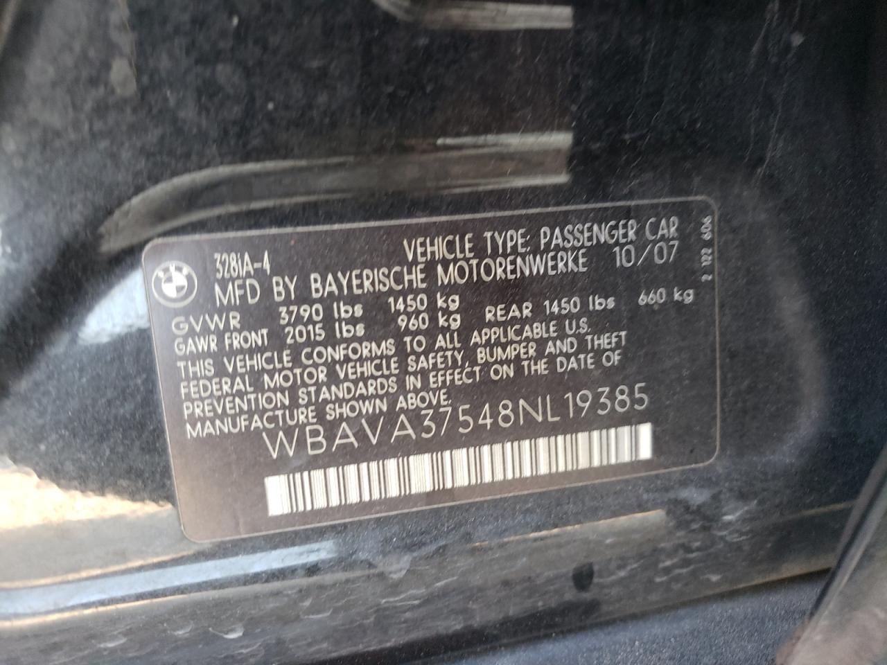 2008 BMW 328 I VIN: WBAVA37548NL19385 Lot: 64044895