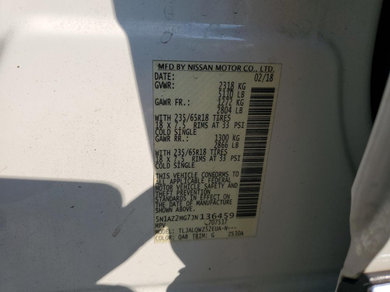 2018 Nissan Murano S VIN: 5N1AZ2MG7JN136459 Lot: 63964075