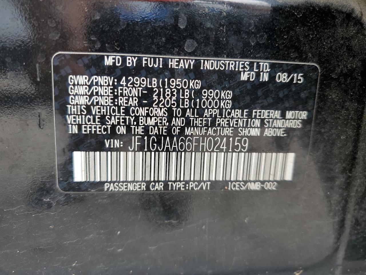 2015 Subaru Impreza VIN: JF1GJAA66FH024159 Lot: 63812405