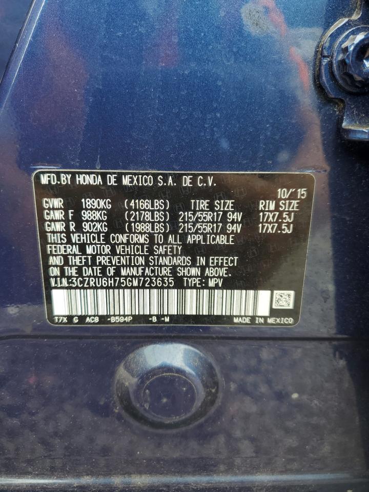 2016 Honda Hr-V Exl VIN: 3CZRU6H75GM723635 Lot: 63062385
