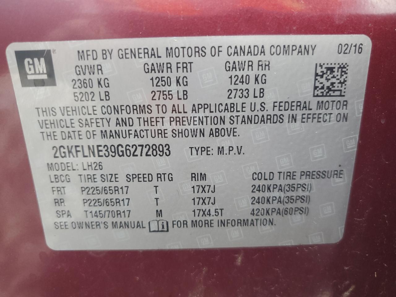 2016 GMC Terrain Sle VIN: 2GKFLNE39G6272893 Lot: 64733925