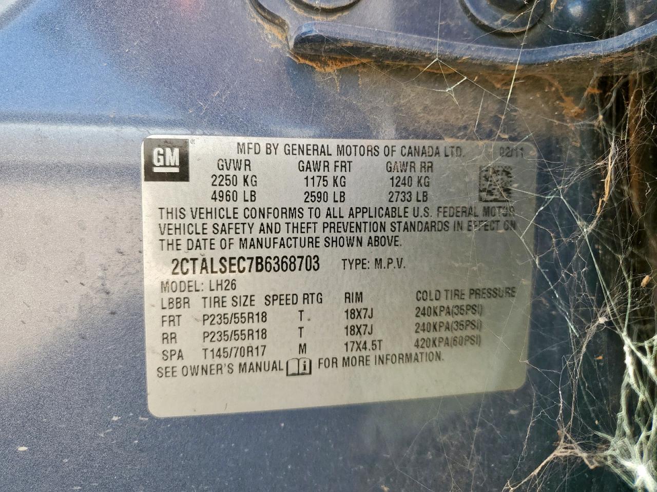 2011 GMC Terrain Sle VIN: 2CTALSEC7B6368703 Lot: 62924155