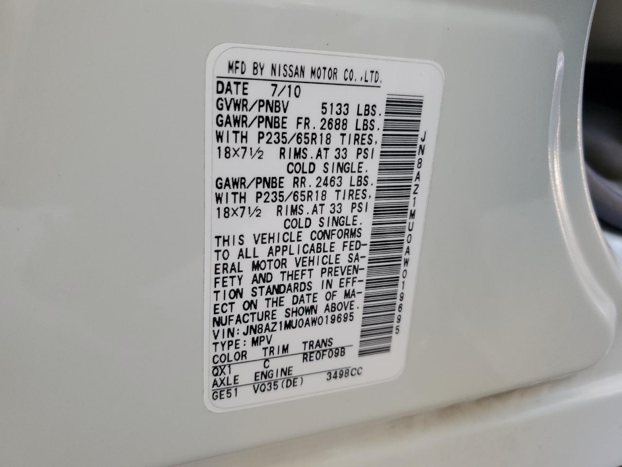 2010 Nissan Murano S VIN: JN8AZ1MU0AW019695 Lot: 63947605