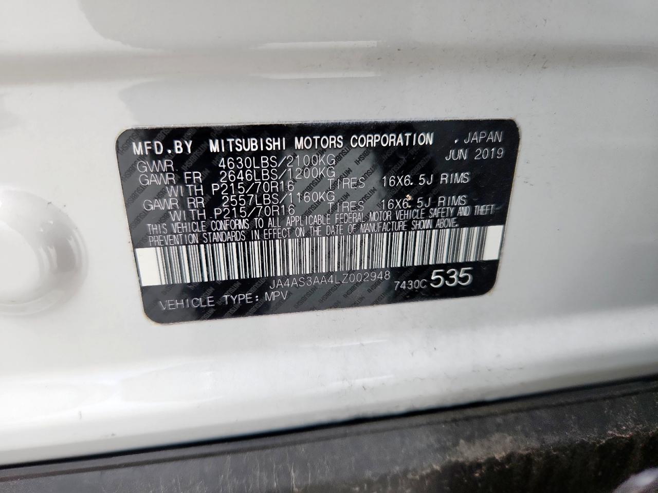 2020 Mitsubishi Eclipse Cross Es VIN: JA4AS3AA4LZ002948 Lot: 63639395