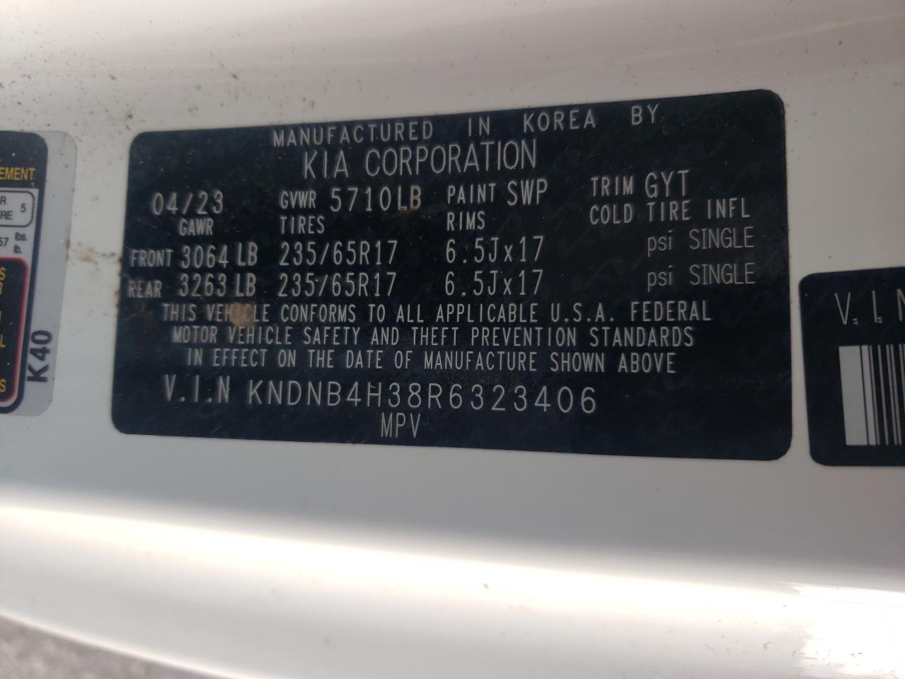 2024 Kia Carnival Lx VIN: KNDNB4H38R6323406 Lot: 64738655