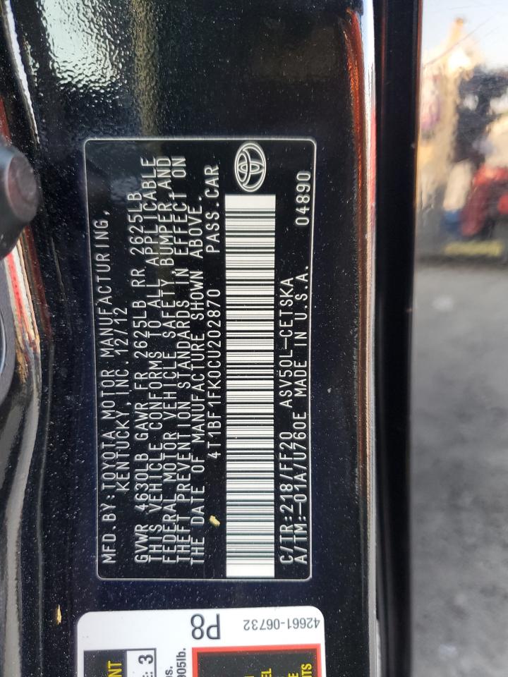 2012 Toyota Camry Base VIN: 4T1BF1FK0CU202870 Lot: 65240185