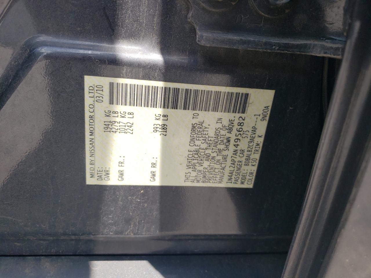 2010 Nissan Altima Base VIN: 1N4AL2AP7AN495682 Lot: 65183355