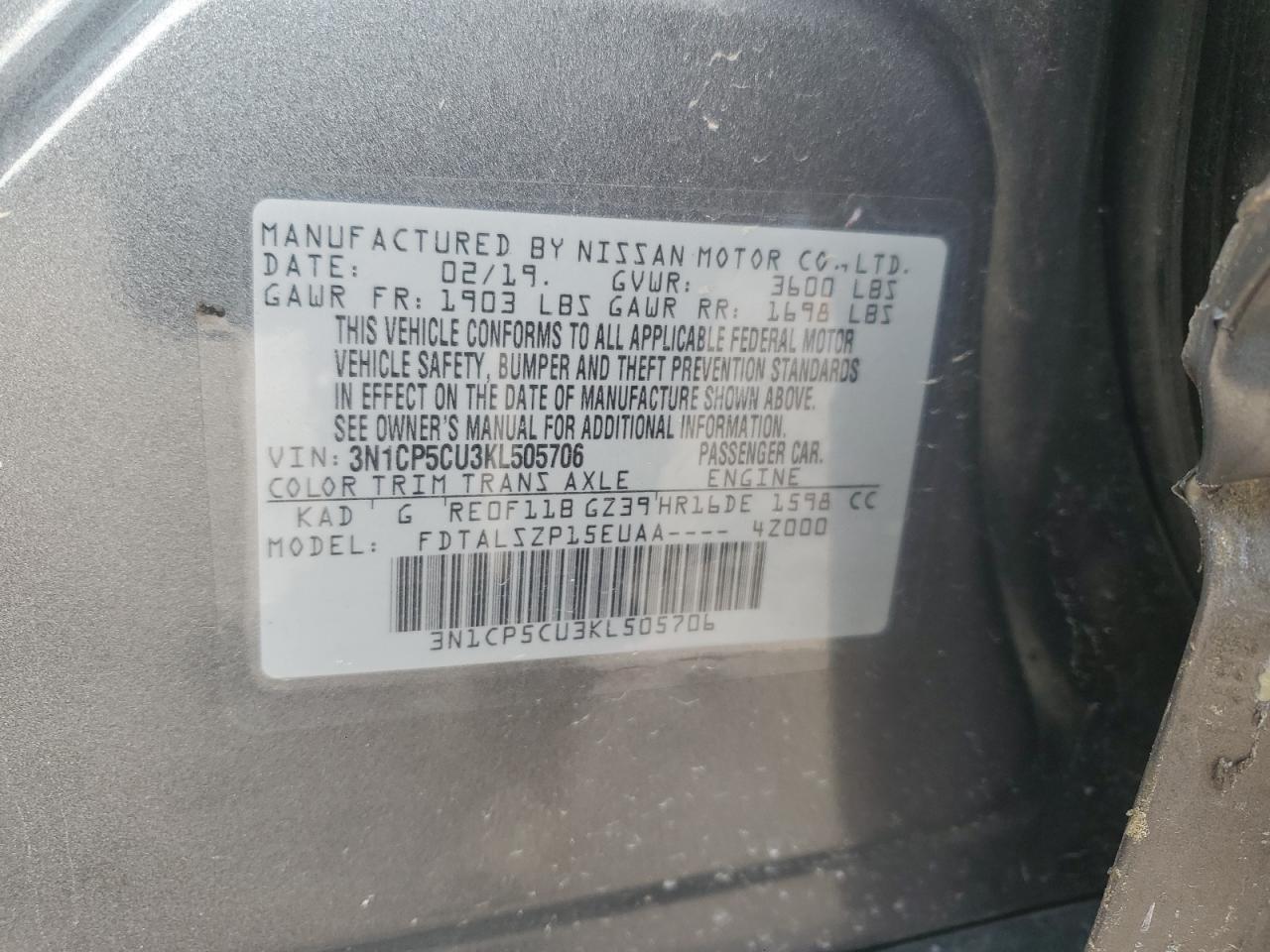 2019 Nissan Kicks S VIN: 3N1CP5CU3KL505706 Lot: 63825545