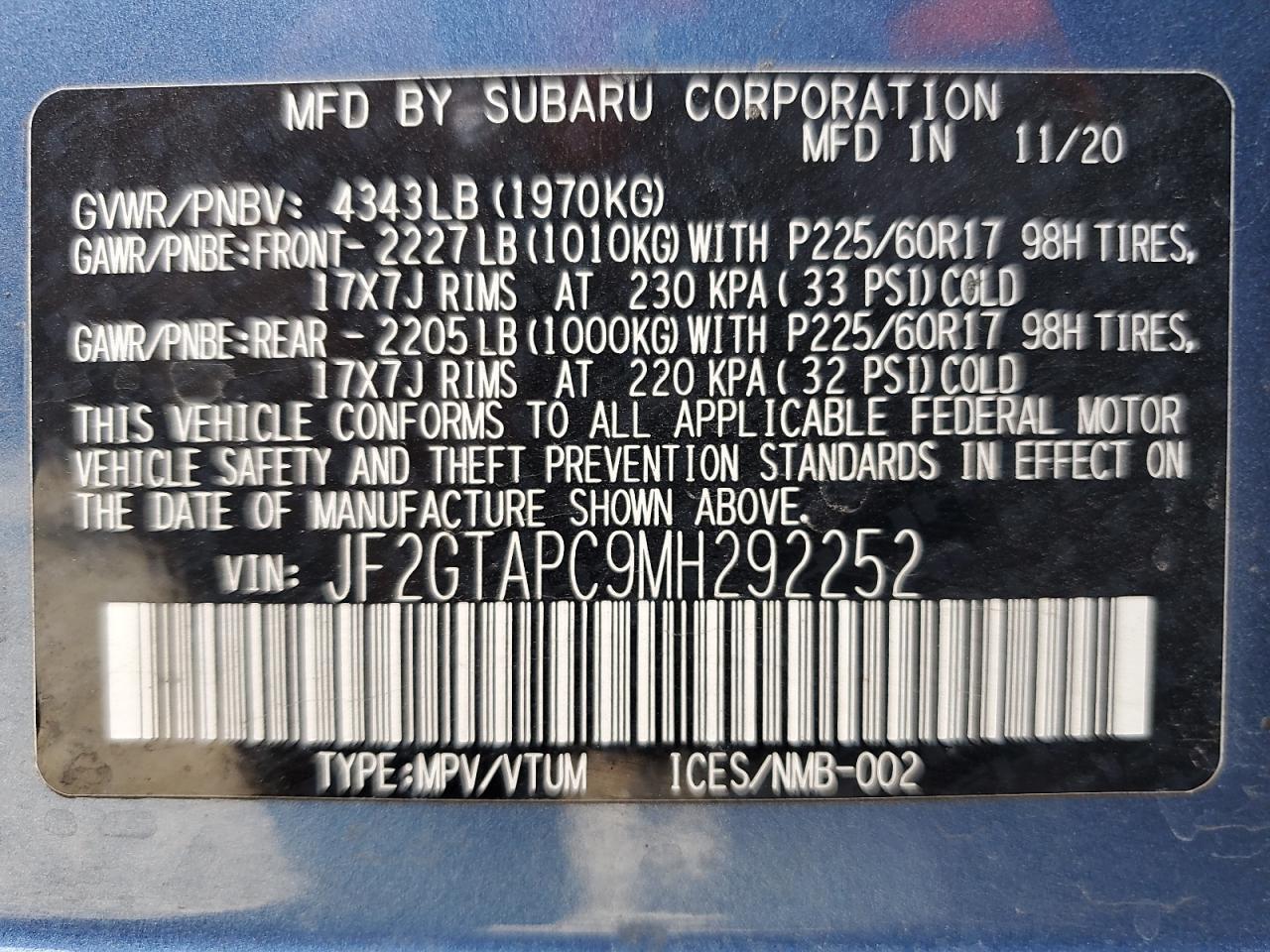 2021 Subaru Crosstrek Premium VIN: JF2GTAPC9MH292252 Lot: 64314365