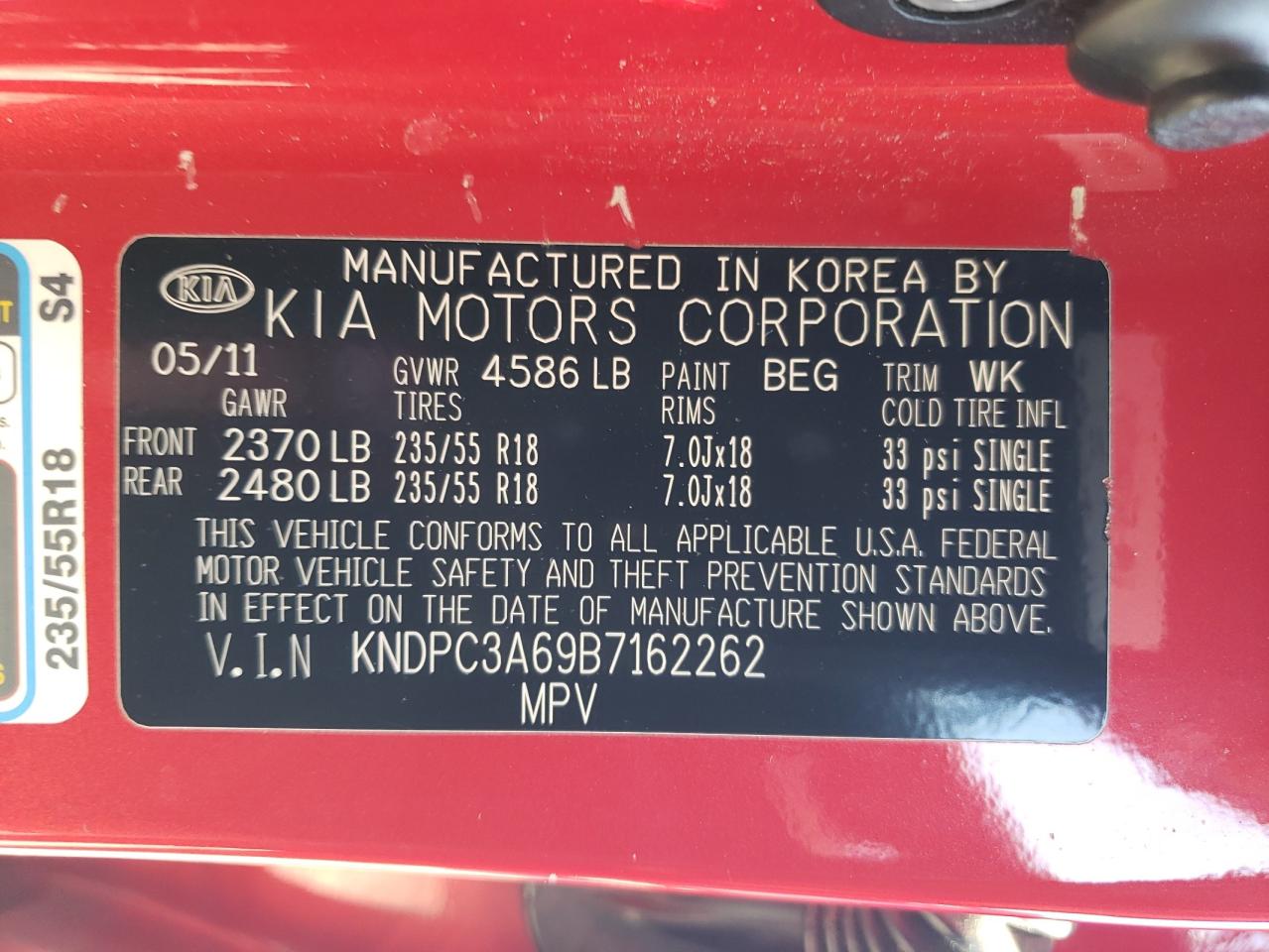 2011 Kia Sportage Ex VIN: KNDPC3A69B7162262 Lot: 64264065
