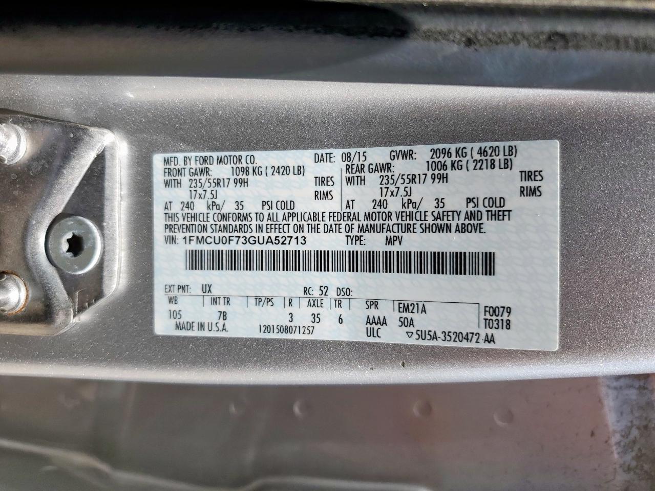 2016 Ford Escape S VIN: 1FMCU0F73GUA52713 Lot: 65009565