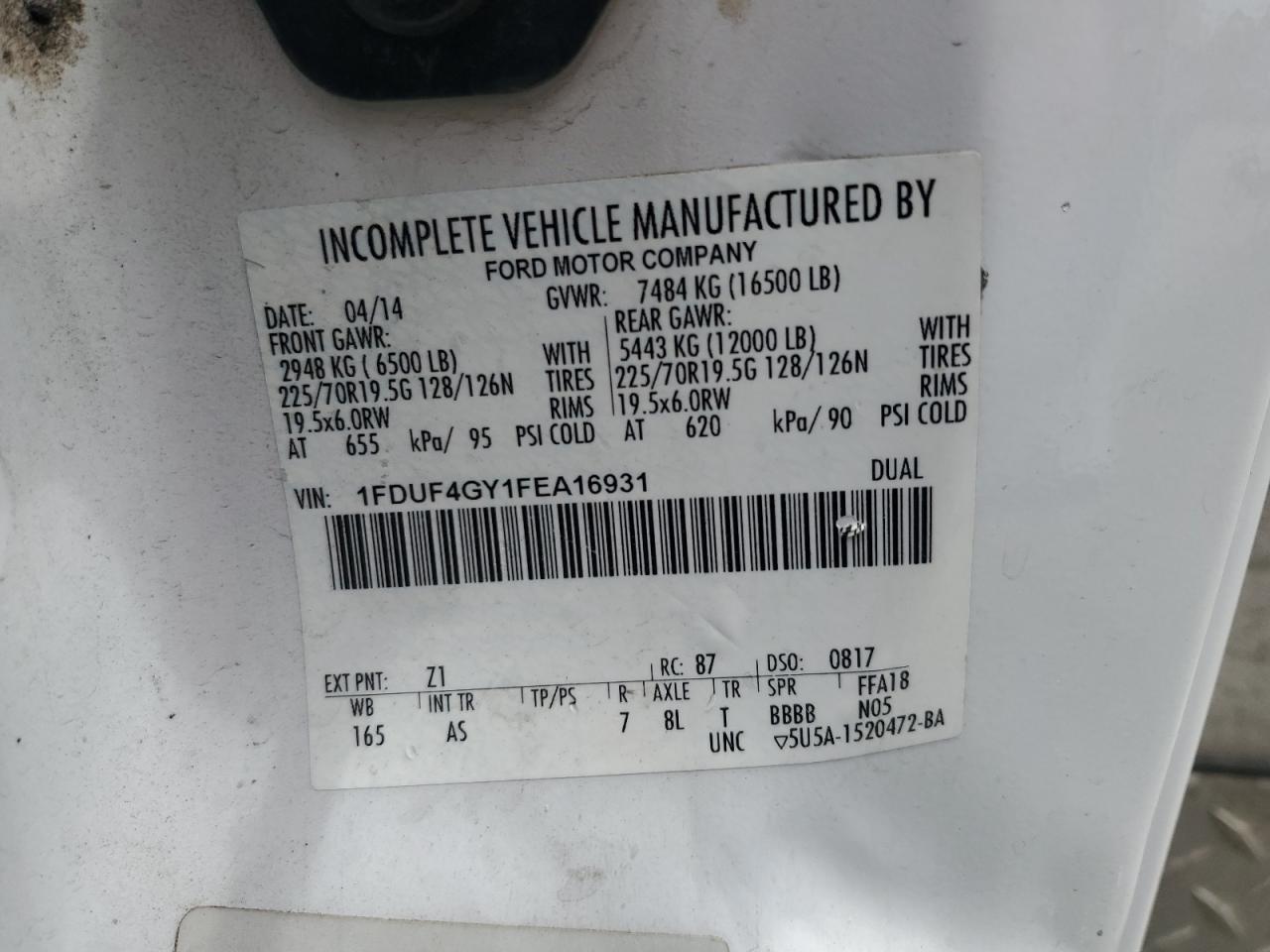 2015 Ford F450 Super Duty VIN: 1FDUF4GY1FEA16931 Lot: 64410665