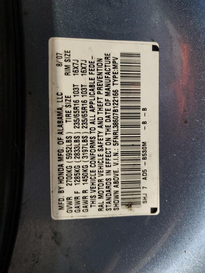 2007 Honda Odyssey Exl VIN: 5FNRL38607B122166 Lot: 64008435