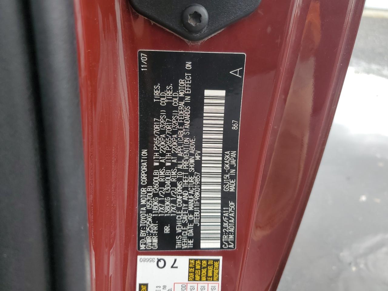 2008 Toyota Fj Cruiser VIN: JTEBU11F98K019857 Lot: 62321345