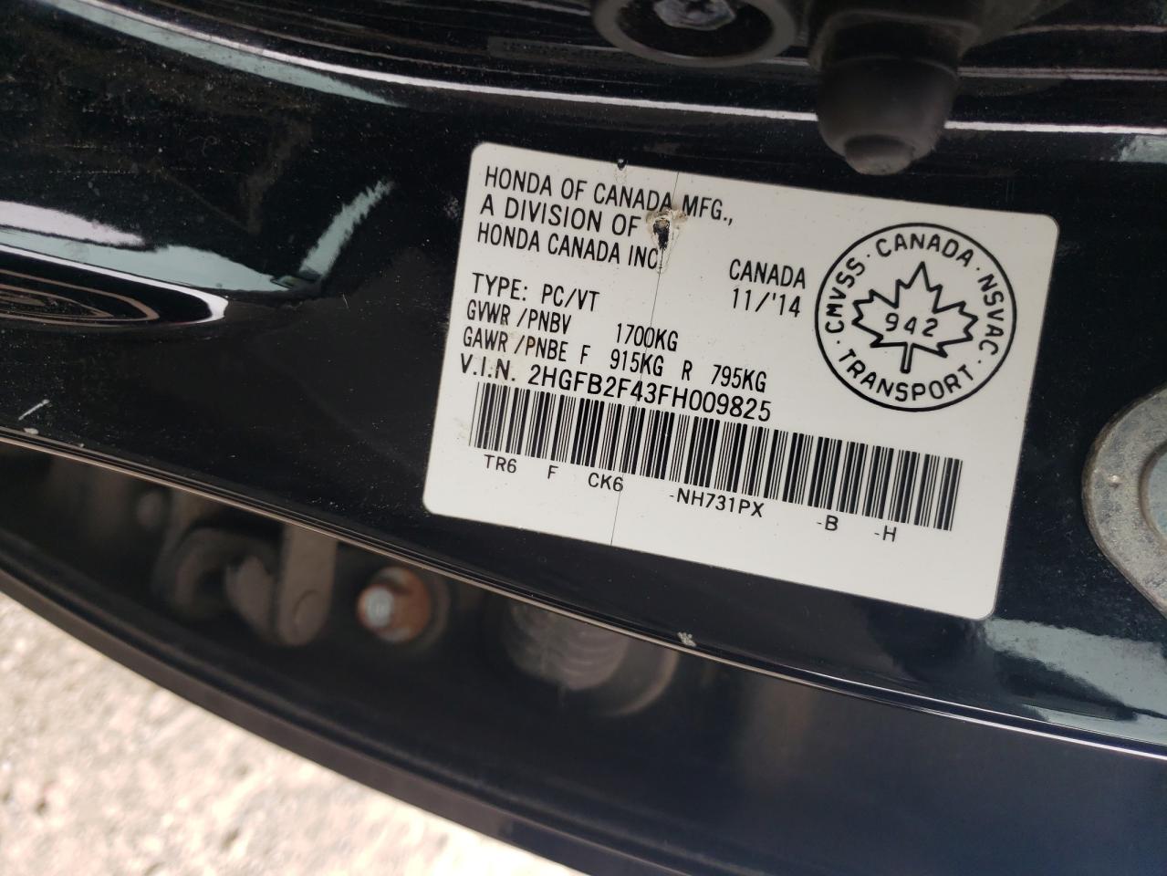 2015 Honda Civic Lx VIN: 2HGFB2F43FH009825 Lot: 64952175