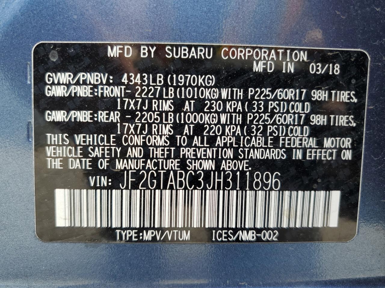 2018 Subaru Crosstrek Premium VIN: JF2GTABC3JH311896 Lot: 64304225