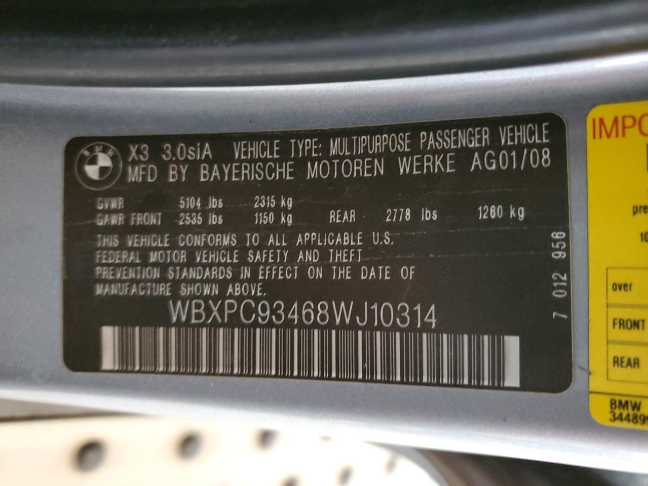 2008 BMW X3 3.0Si VIN: WBXPC93468WJ10314 Lot: 63653835