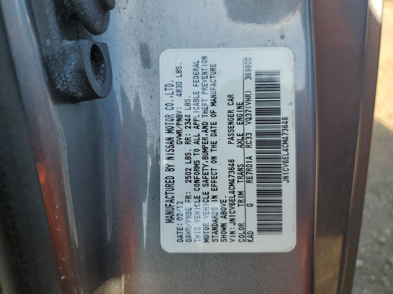 2012 Infiniti G37 VIN: JN1CV6EL4CM473646 Lot: 62730465
