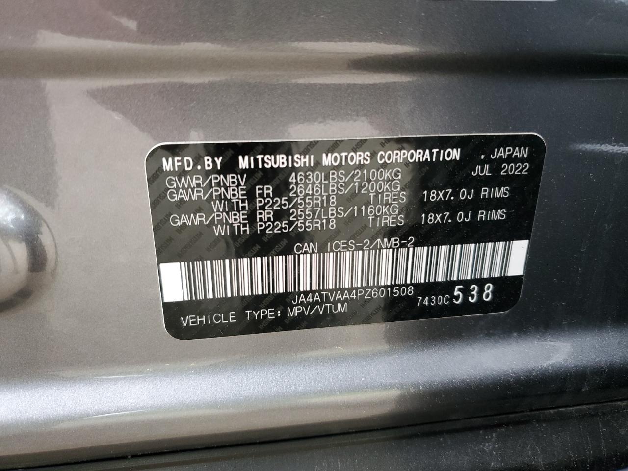 2023 Mitsubishi Eclipse Cross Le VIN: JA4ATVAA4PZ601508 Lot: 63582925
