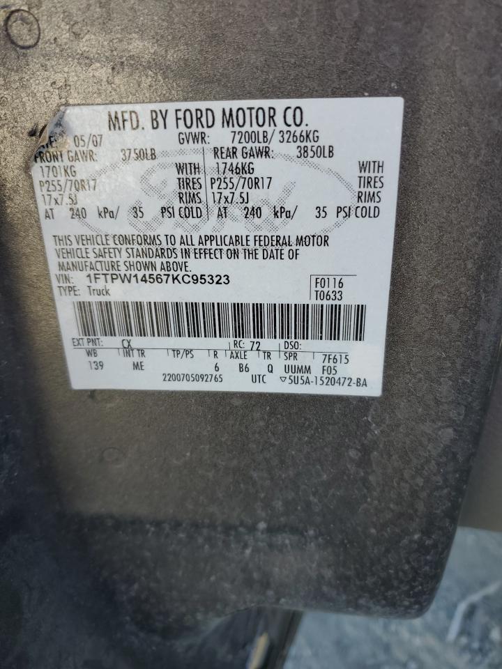 2007 Ford F150 Supercrew VIN: 1FTPW14567KC95323 Lot: 66699415