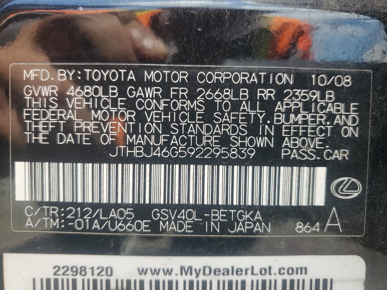 2009 Lexus Es 350 VIN: JTHBJ46G592295839 Lot: 63049565