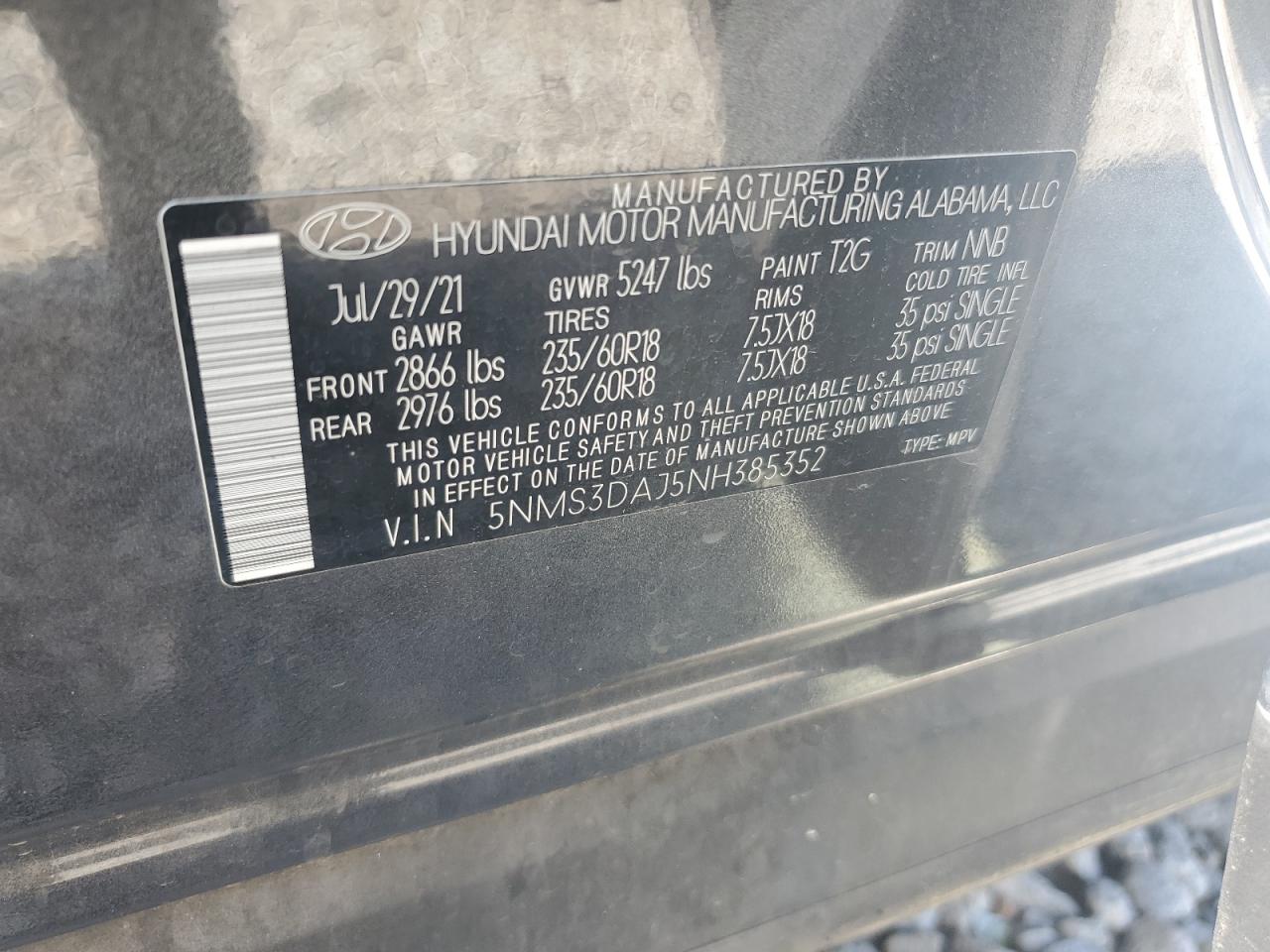 2022 Hyundai Santa Fe Sel VIN: 5NMS3DAJ5NH385352 Lot: 64095475