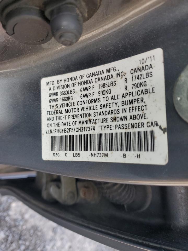 2012 Honda Civic Lx VIN: 2HGFB2F57CH317374 Lot: 65135975