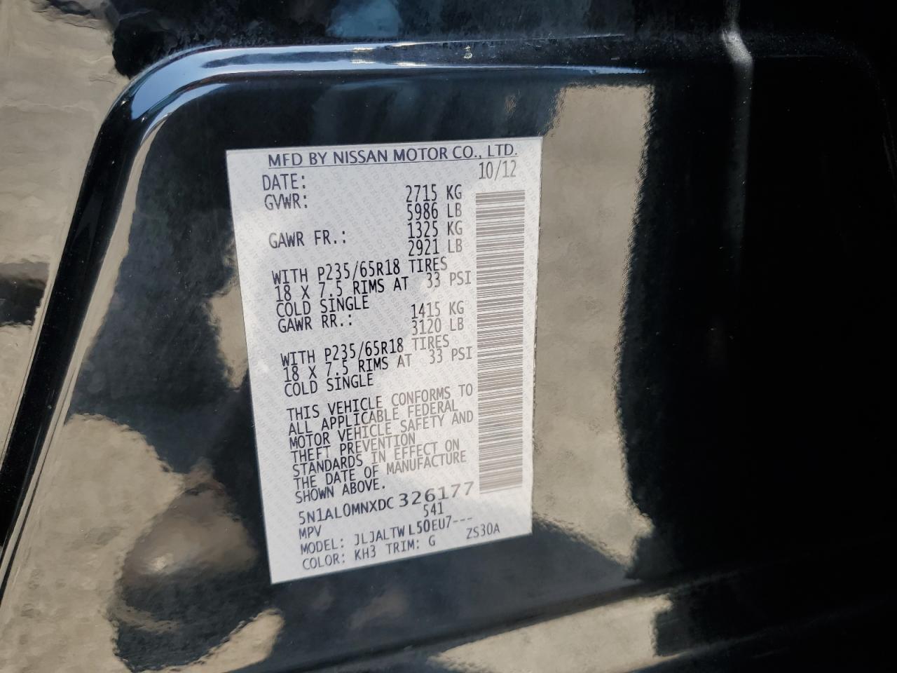 2013 Infiniti Jx35 VIN: 5N1AL0MNXDC326177 Lot: 63305795