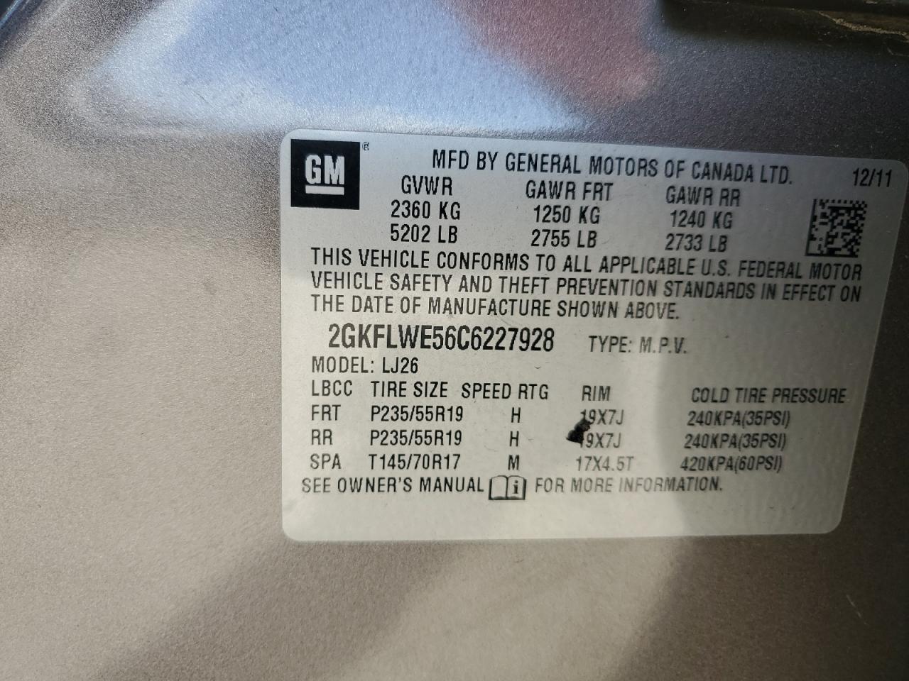 2012 GMC Terrain Slt VIN: 2GKFLWE56C6227928 Lot: 65894275