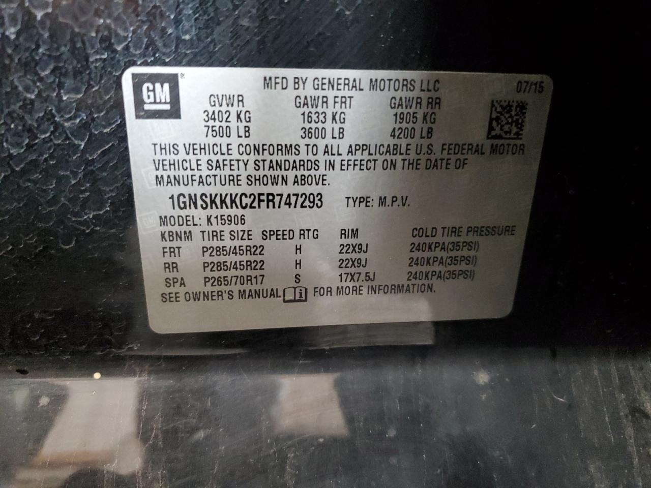 1gnskkkc2fr747293 1GNSKKKC2FR747293 2015 Chevrolet Suburban K1500 Ltz