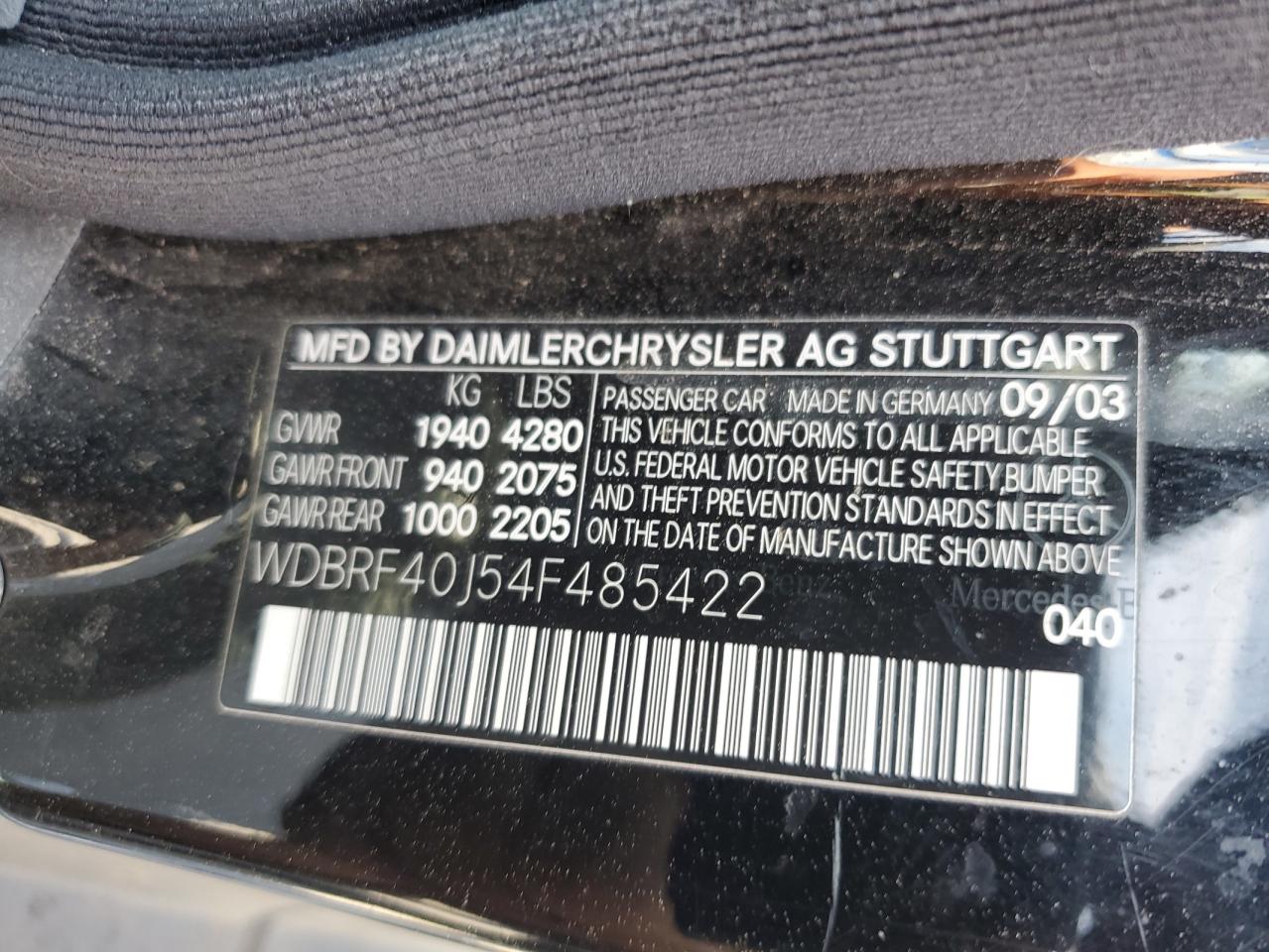 2004 Mercedes-Benz C 230K Sport Sedan VIN: WDBRF40J54F485422 Lot: 63504255