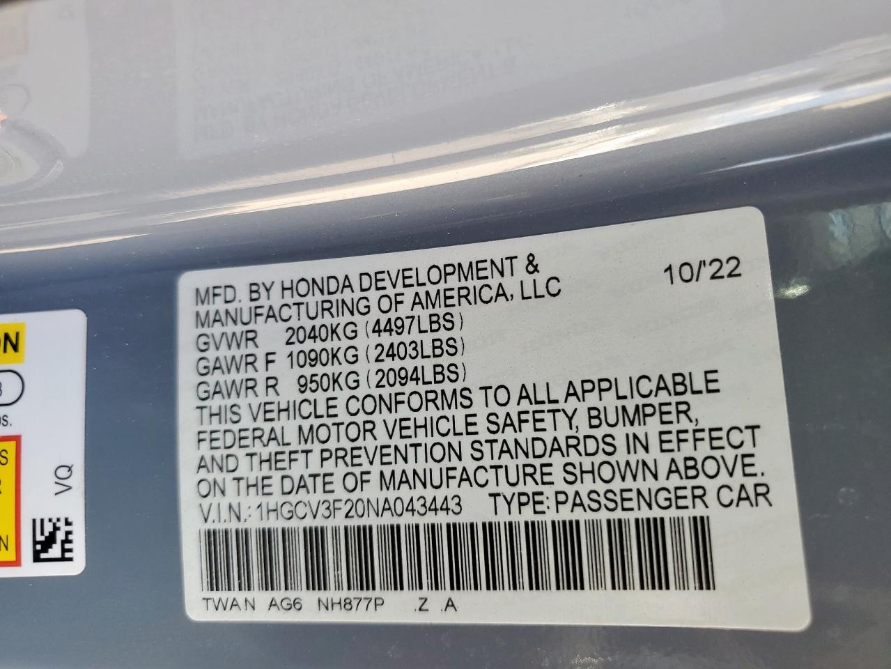 2022 Honda Accord Hybrid Sport VIN: 1HGCV3F20NA043443 Lot: 65378125