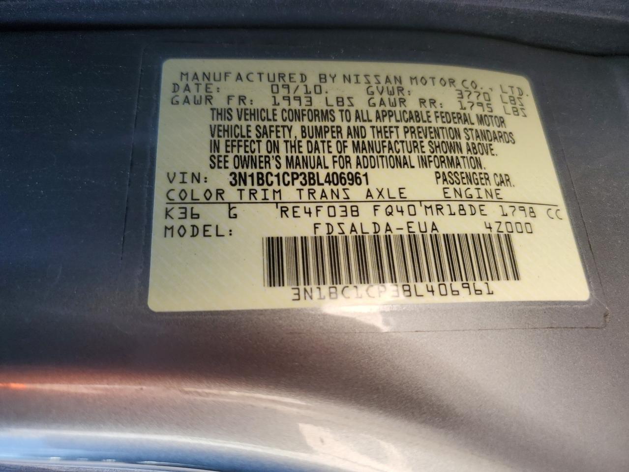 2011 Nissan Versa S VIN: 3N1BC1CP3BL406961 Lot: 60648915