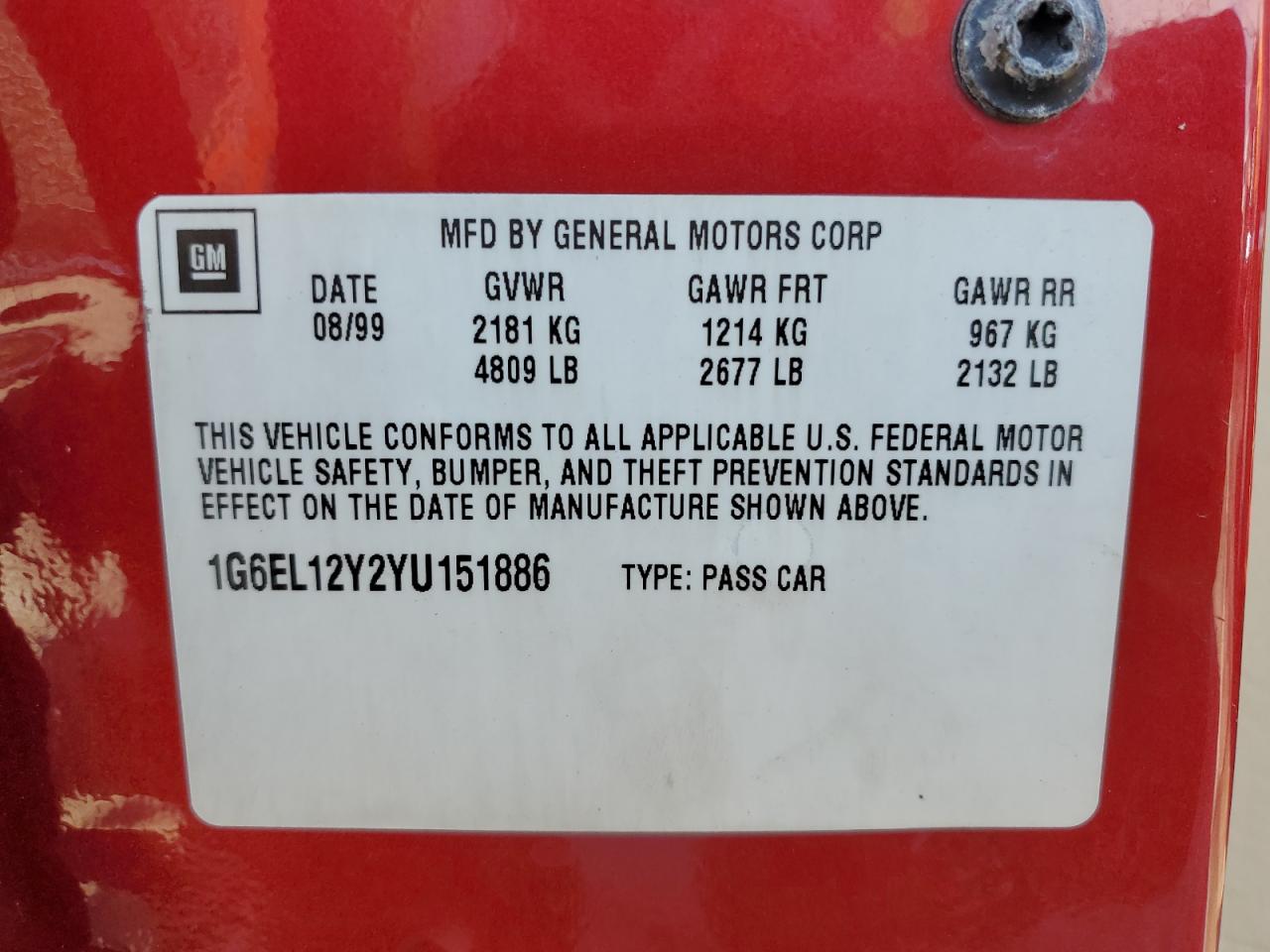 2000 Cadillac Eldorado Esc VIN: 1G6EL12Y2YU151886 Lot: 65156625