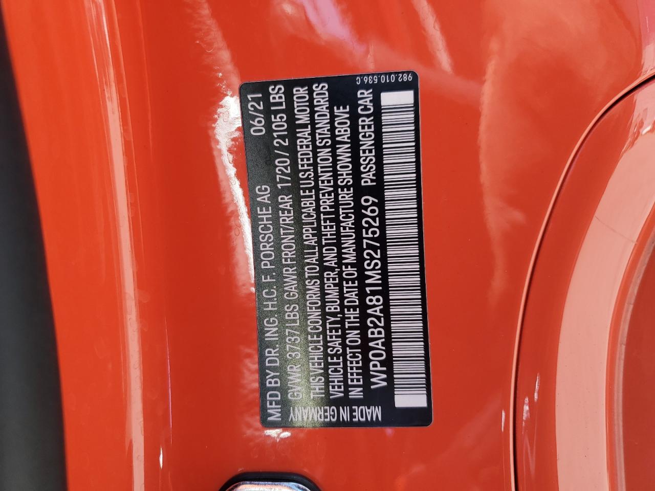 2021 Porsche Cayman S VIN: WP0AB2A81MS275269 Lot: 66486535