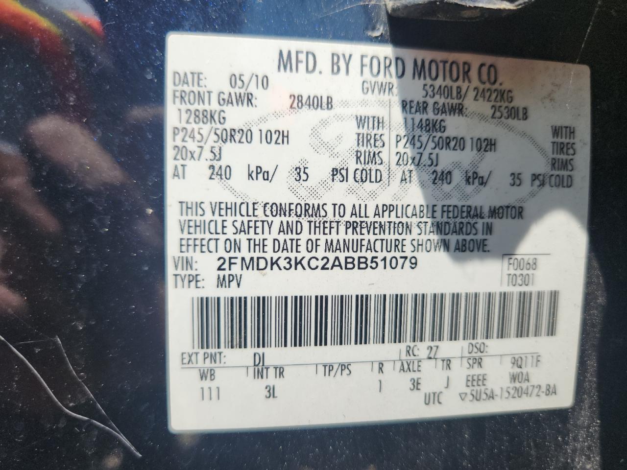 2010 Ford Edge Limited VIN: 2FMDK3KC2ABB51079 Lot: 65316845