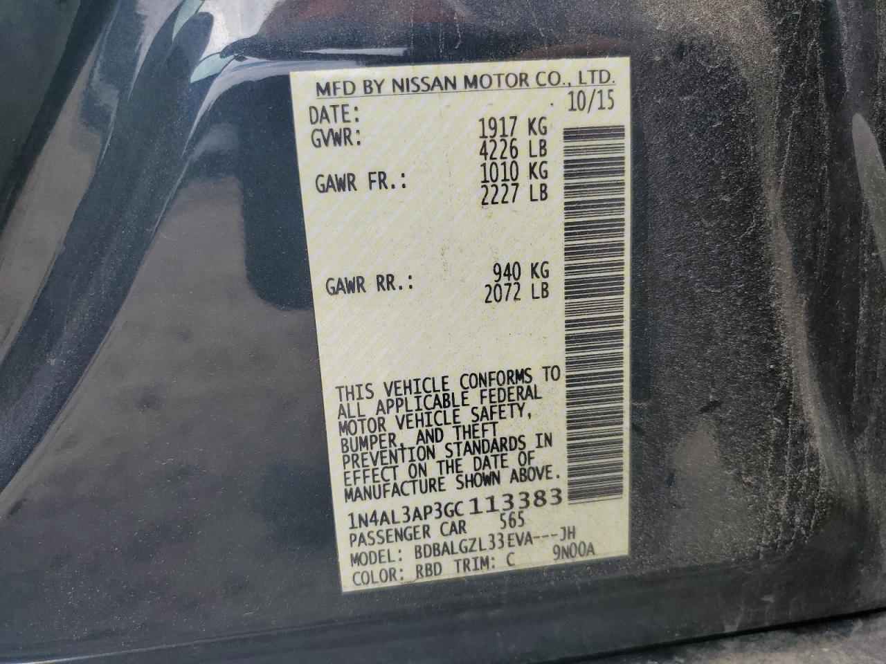 2016 Nissan Altima 2.5 VIN: 1N4AL3AP3GC113383 Lot: 64573255