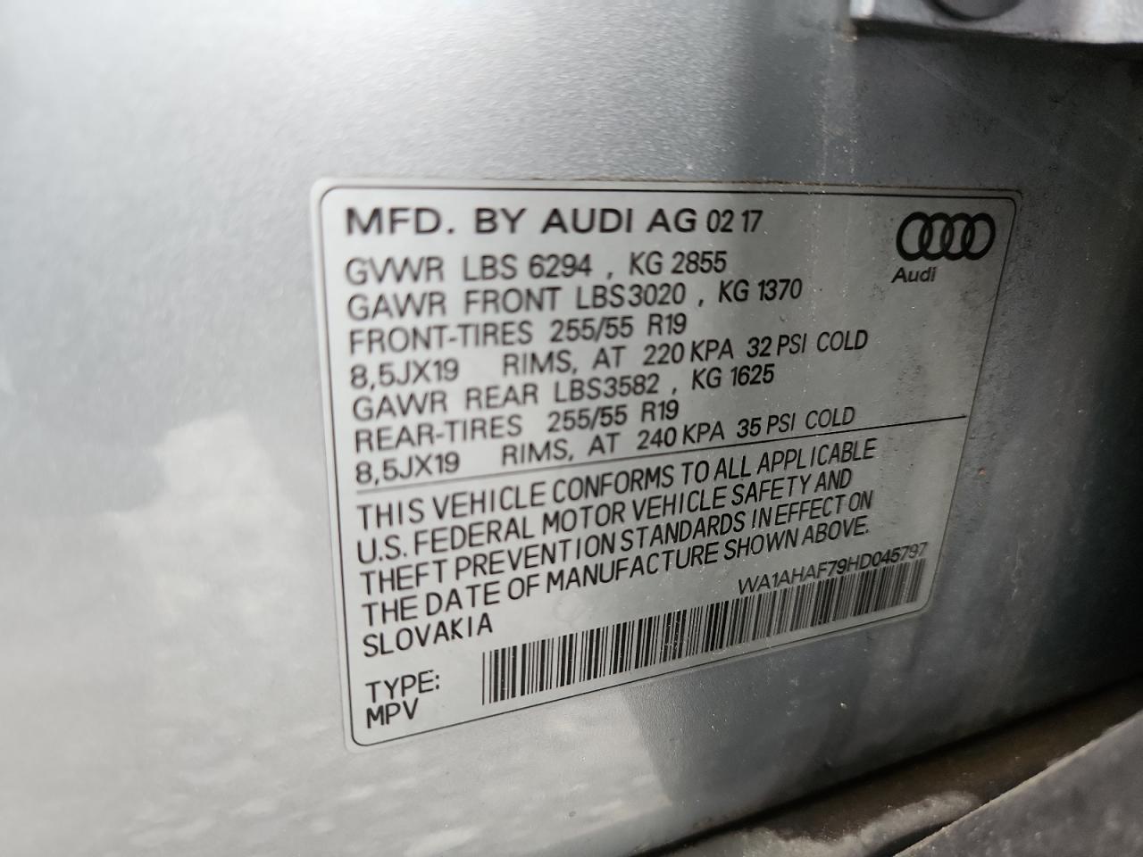 2017 Audi Q7 Premium VIN: WA1AHAF79HD045797 Lot: 62602295