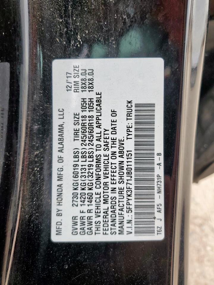 2018 Honda Ridgeline Rtl VIN: 5FPYK3F71JB011151 Lot: 65469945