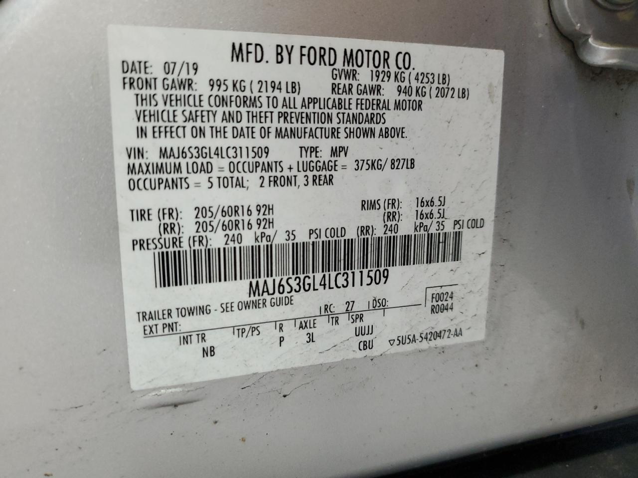2020 Ford Ecosport Se VIN: MAJ6S3GL4LC311509 Lot: 64638685
