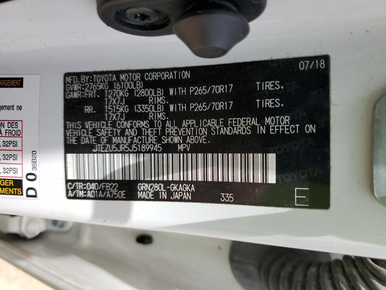2018 Toyota 4Runner Sr5 VIN: JTEZU5JR5J5189945 Lot: 64188365