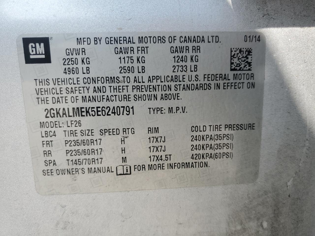 2014 GMC Terrain Sle VIN: 2GKALMEK5E6240791 Lot: 64633925