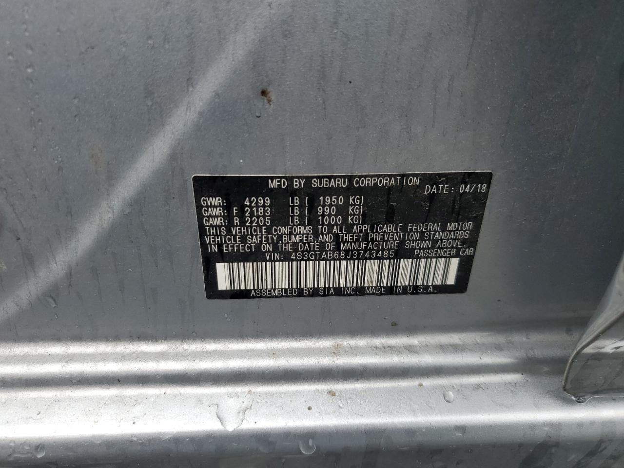 2018 Subaru Impreza Premium VIN: 4S3GTAB68J3743485 Lot: 67056795