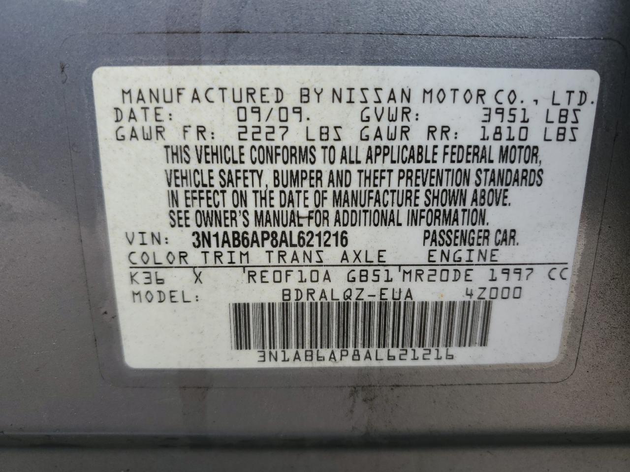 2010 Nissan Sentra 2.0 VIN: 3N1AB6AP8AL621216 Lot: 63986065