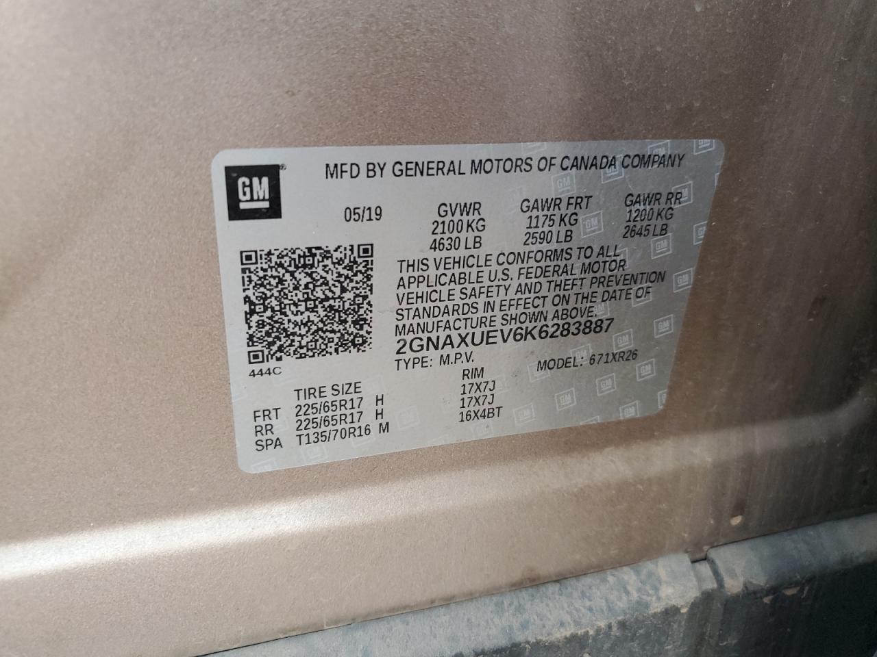 2019 Chevrolet Equinox Lt VIN: 2GNAXUEV6K6283887 Lot: 62906325
