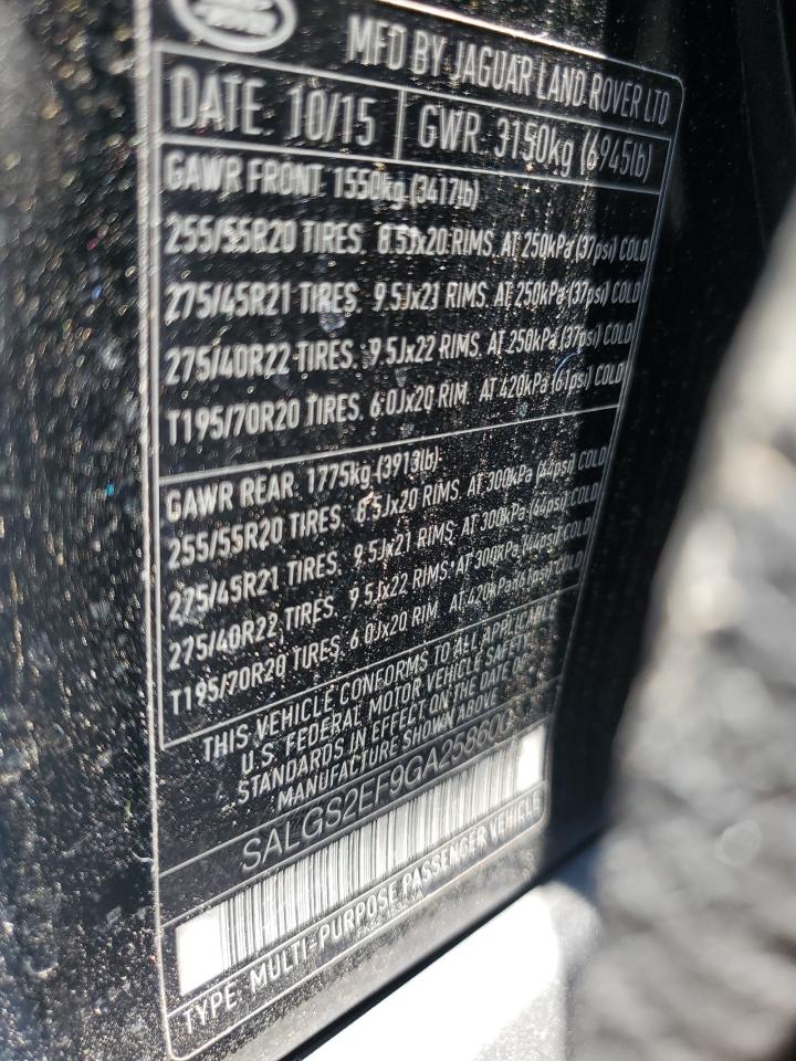 2016 Land Rover Range Rover Supercharged VIN: SALGS2EF9GA258600 Lot: 62868475