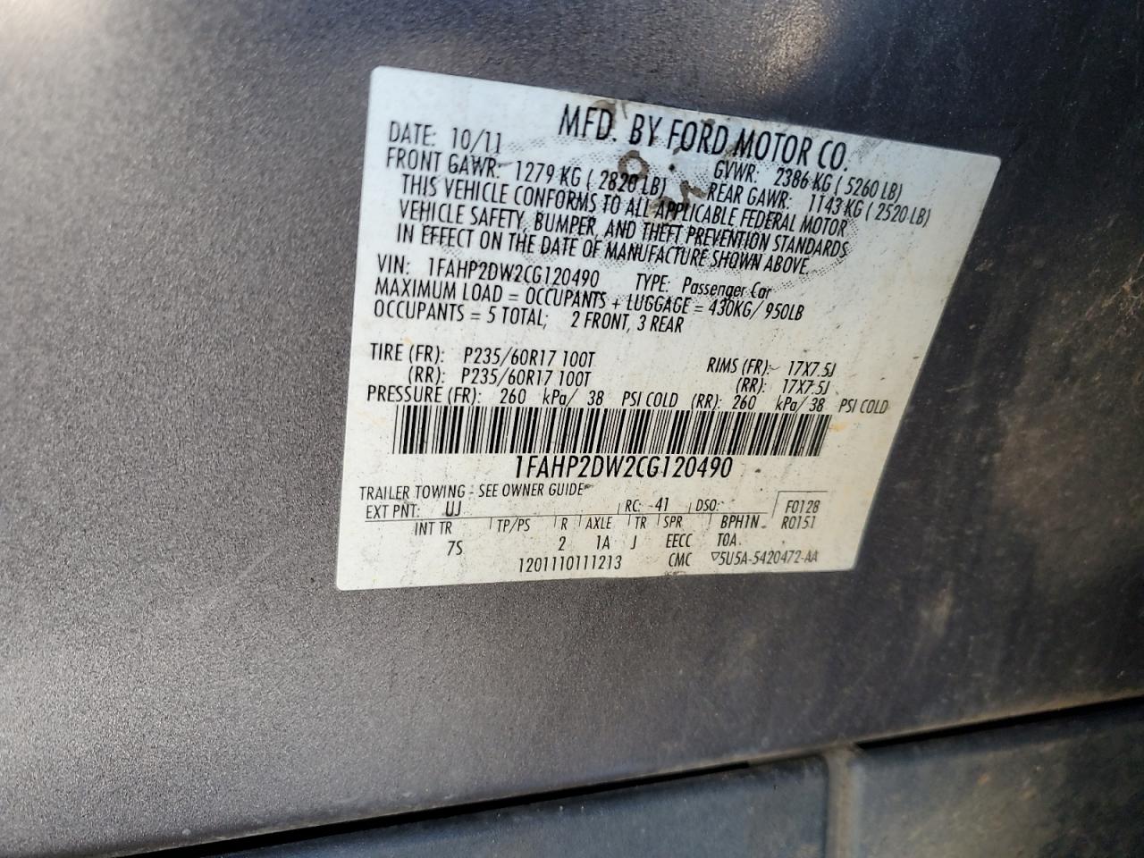 2012 Ford Taurus Se VIN: 1FAHP2DW2CG120490 Lot: 65039435